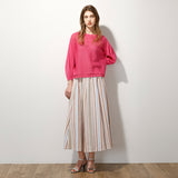 麻混ストライプリブ付ロングスカート