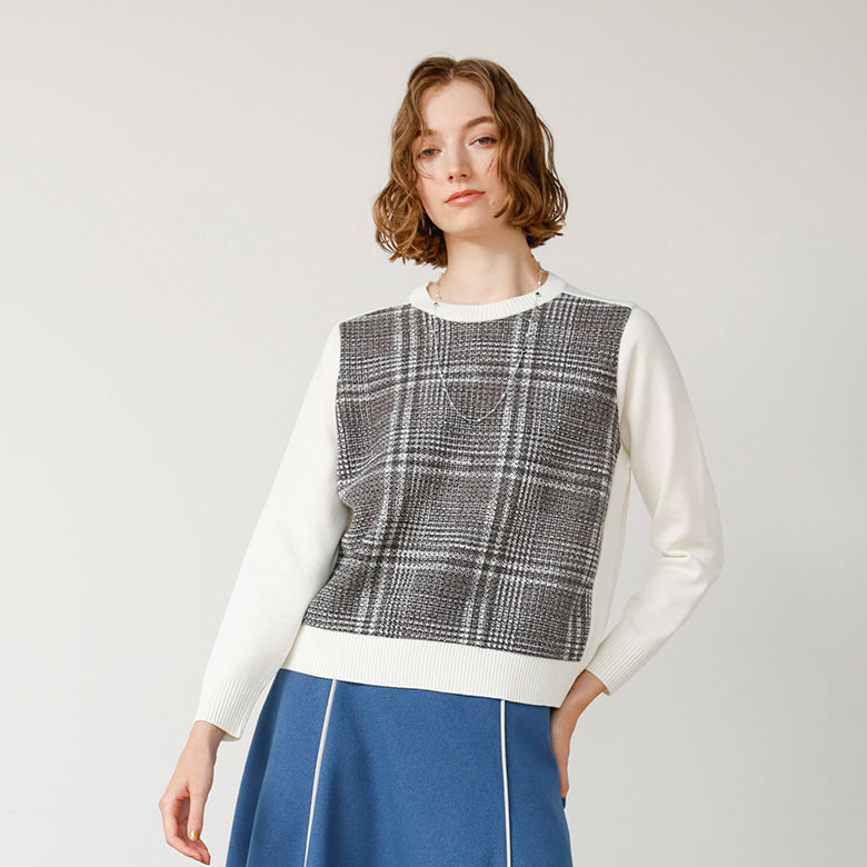 前身チェック切替ニット